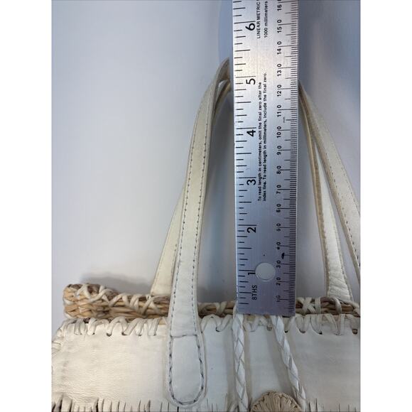 En Shalla Boho Western Coastal Wicker Kid Leather Fringe Woven Basket Tote - Picture 15 of 16